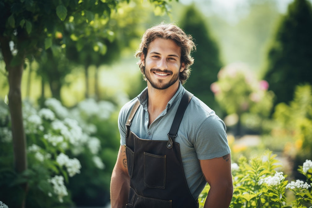 man in garden with apron